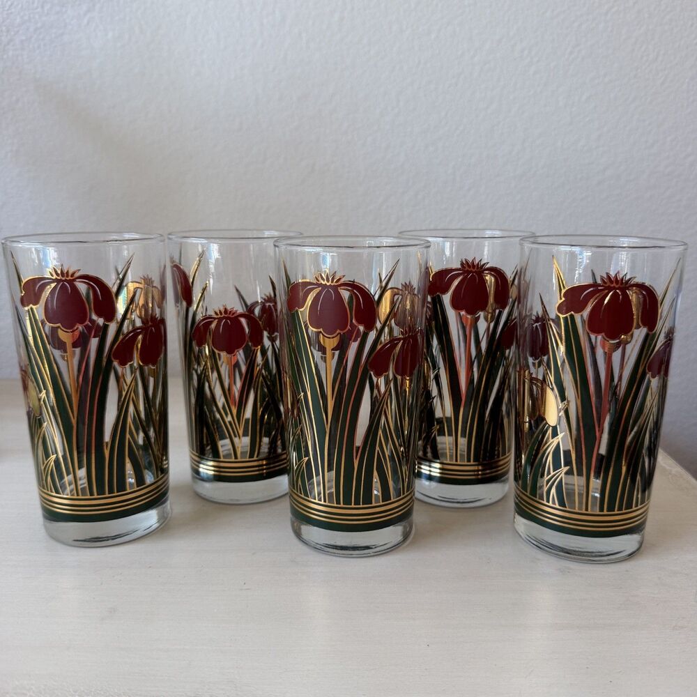 Set of 5 Culver Iris Cinnabar Highball Glasses Gold Floral Tumblers Vintage MCM